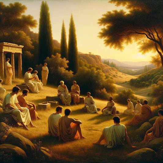 A tranquil Roman landscape with figures in togas, exuding the peaceful ambiance central to Stoic philosophy, reminiscent of 1960s historical film style.