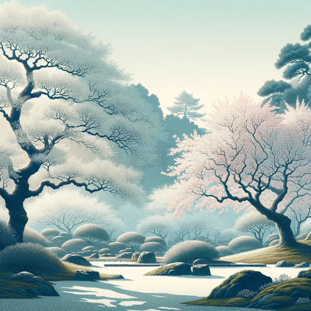 Kirschblütenlandschaft mit Tai-Haku- und Yoshino-Bäumen unter klarem blauen Himmel, minimalistisch und ruhig.