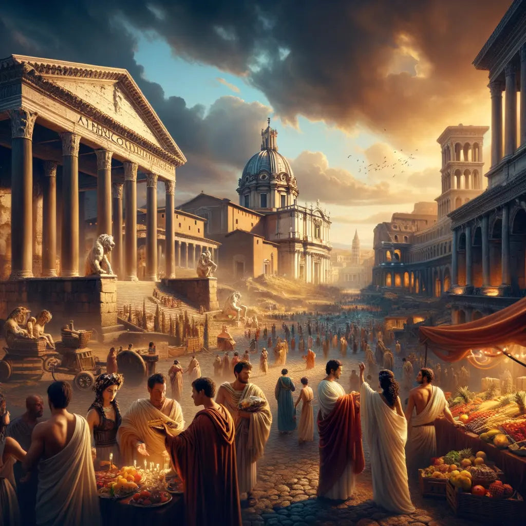 A breathtaking depiction of ancient Rome, highlighting its architectural grandeur and lively streets.
