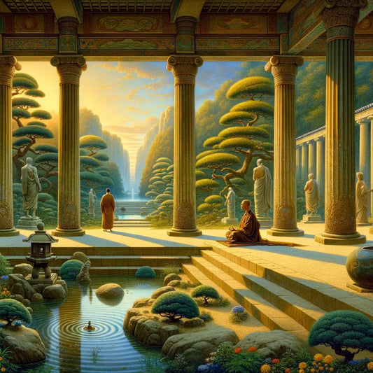 A tranquil Japanese garden with Greek columns in the background, merging Buddhism with Stoicism, in a 1960s epic painting style.