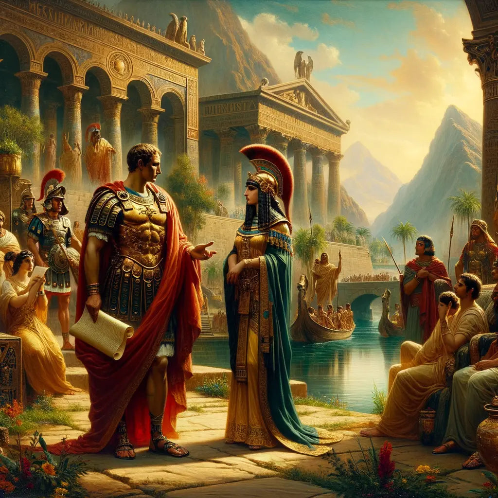 Julius Caesar and Cleopatra in discussion by the Nile, surrounded by Roman and Egyptian symbols, in a style inspired by 1960s historical epics.