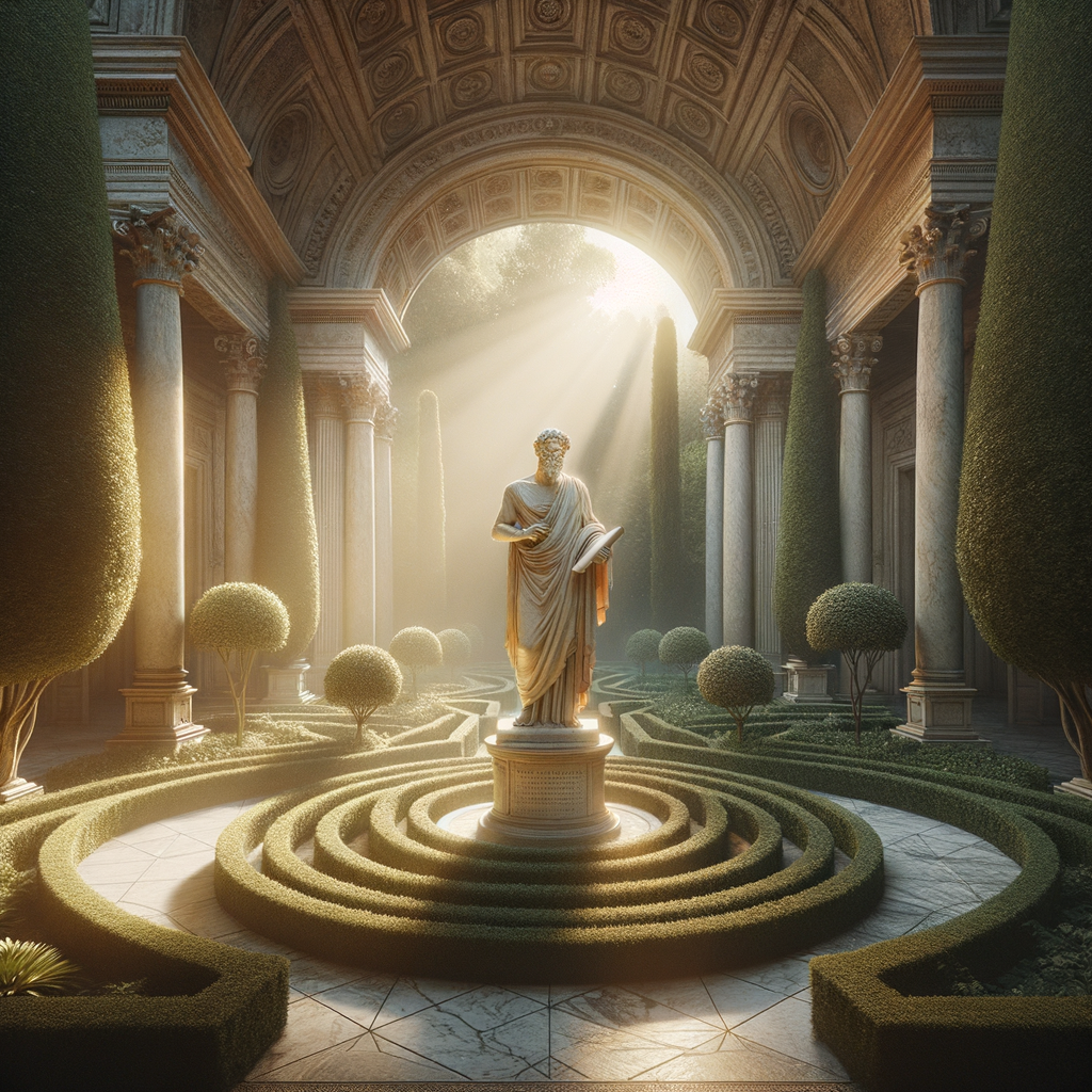 Roman statue of Seneca with a scroll in a classical garden, framed by columns and Mediterranean flora, emulating 1960s historical film style.