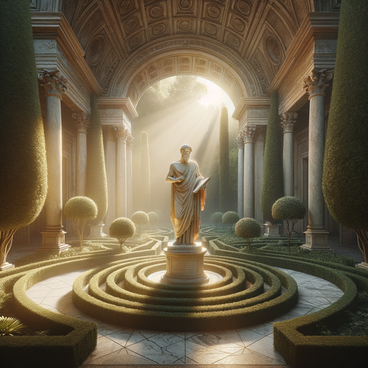 Roman statue of Seneca with a scroll in a classical garden, framed by columns and Mediterranean flora, emulating 1960s historical film style.