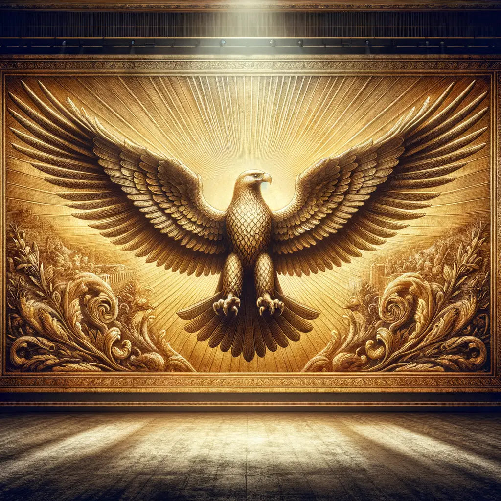 Intricately detailed Roman eagle on a golden background, symbolizing Roman strength and elegance in a cinematic epic style.