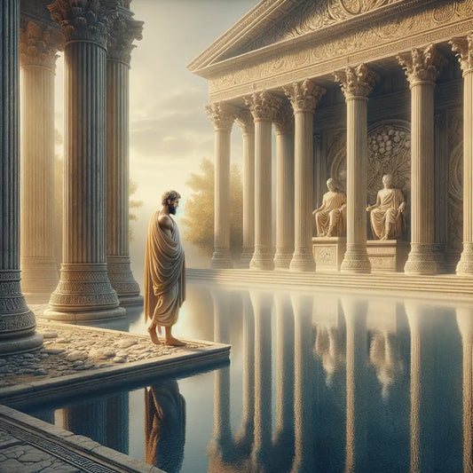 A Roman philosopher contemplating by a reflecting pool, symbolizing stoic philosophy, with majestic columns and serene daylight, styled like a 1960s historical epic.