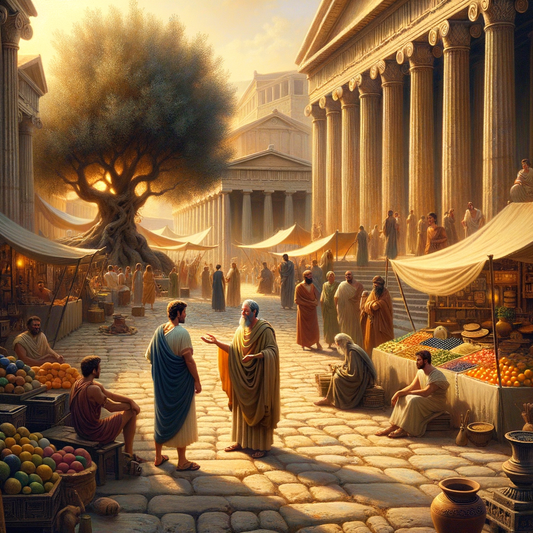 Zeno of Citium speaks in an ancient Greek marketplace, surrounded by an olive tree and bustling stalls, inspired by 1960s historical film style.