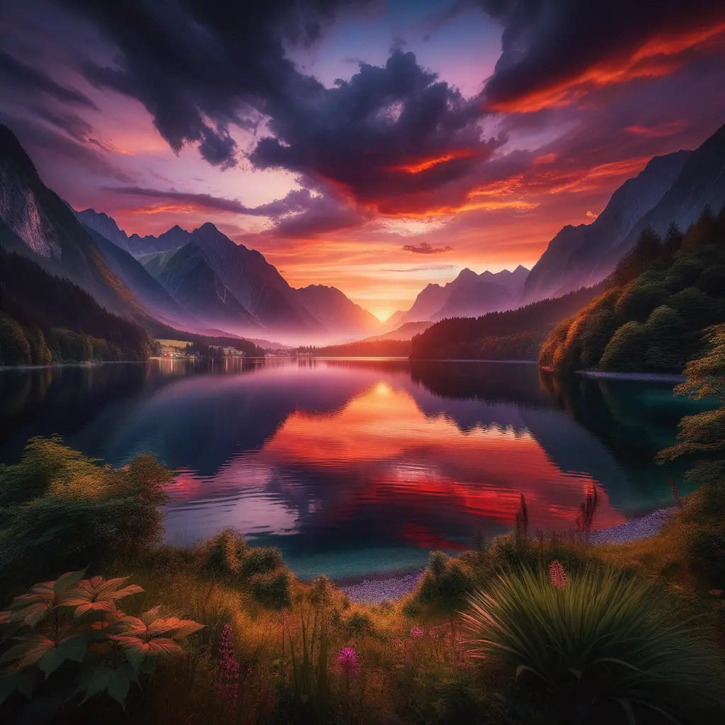 A beautiful sunset reflecting on a calm lake, with mountains in the background.