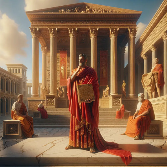 Marcus Aurelius depicted as both a Roman Emperor and philosopher, holding a scroll, set against the majestic Roman Forum, inspired by 1960s historical film aesthetics.