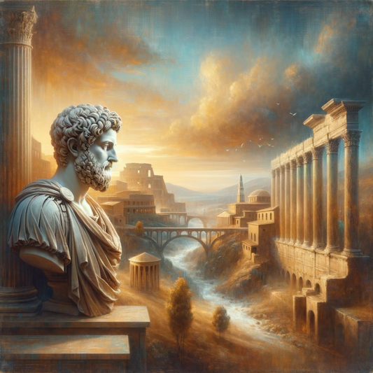 Bust of Marcus Aurelius with a blend of ancient Roman and modern background, symbolizing timeless wisdom across ages, in a 1960s historical film style.