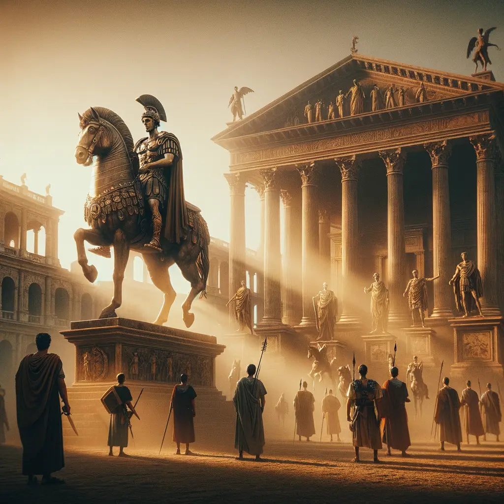 Statue of Marcus Aurelius on horseback in Roman Forum, capturing his authority as a cavalry leader, styled like 1960s historical film.