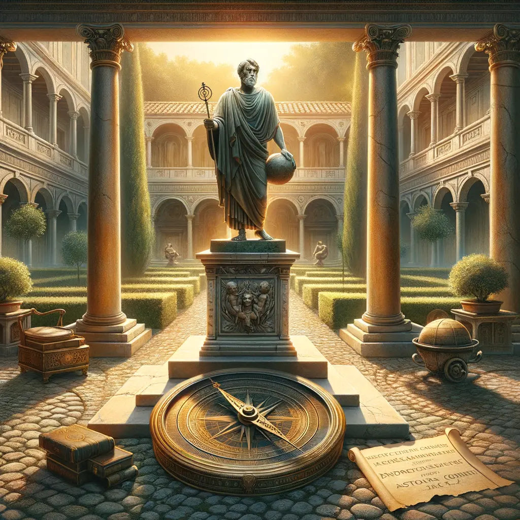 Statue of Marcus Aurelius surrounded by stoic symbols, featuring a compass and Latin scripts, set in a Roman villa with classical architecture and warm lighting.
