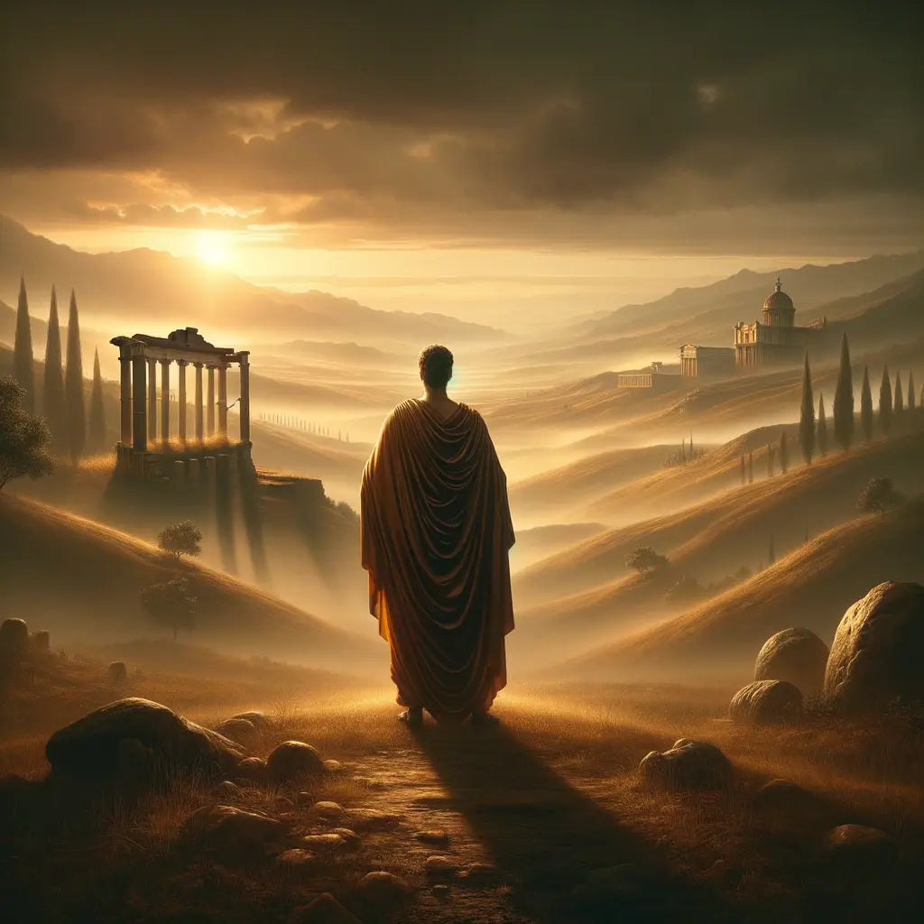 A lone figure resembling a Roman Emperor stands in a serene landscape at dawn, symbolizing a quest for wisdom, inspired by classic 1960s films.