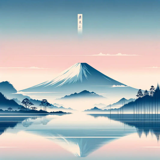 Eine minimalistische Landschaft im traditionellen japanischen Stil mit dem majestätischen Mount Fuji im Hintergrund, leuchtend im zarten Licht der Morgendämmerung, begleitet von harmonischen Blau- und Indigotönen.