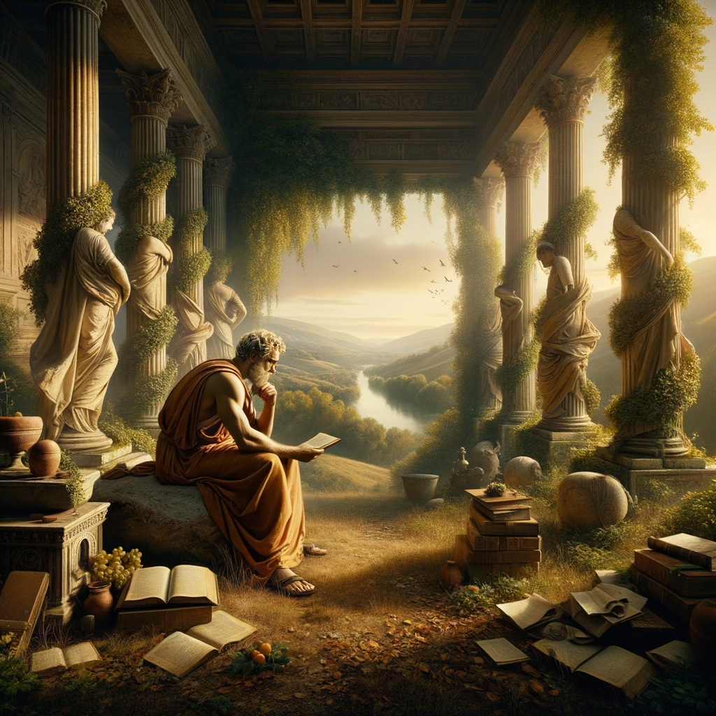 A Roman philosopher in a serene landscape pondering Stoicism, surrounded by scrolls and ancient columns.