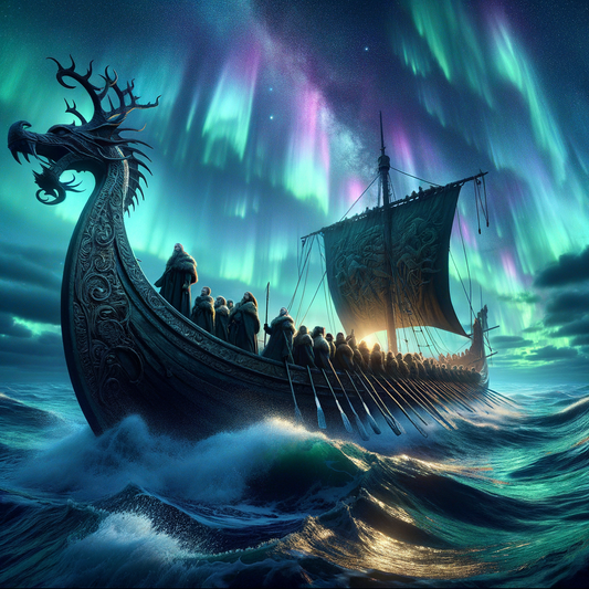 Viking longship under Northern Lights with warriors silhouetted, inspired by 1960s historical epics.