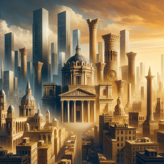 Modern cityscape with Roman arches and columns integrated into contemporary buildings, styled like a 1960s historical epic painting.