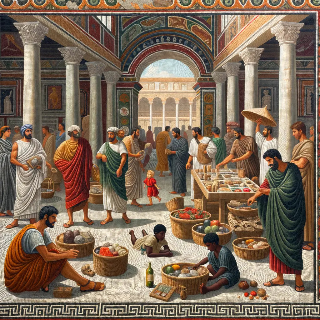 An intricate Roman mosaic depicting a lively market scene full of vibrant colors and cultural storytelling, embodying the artistry of ancient Rome.