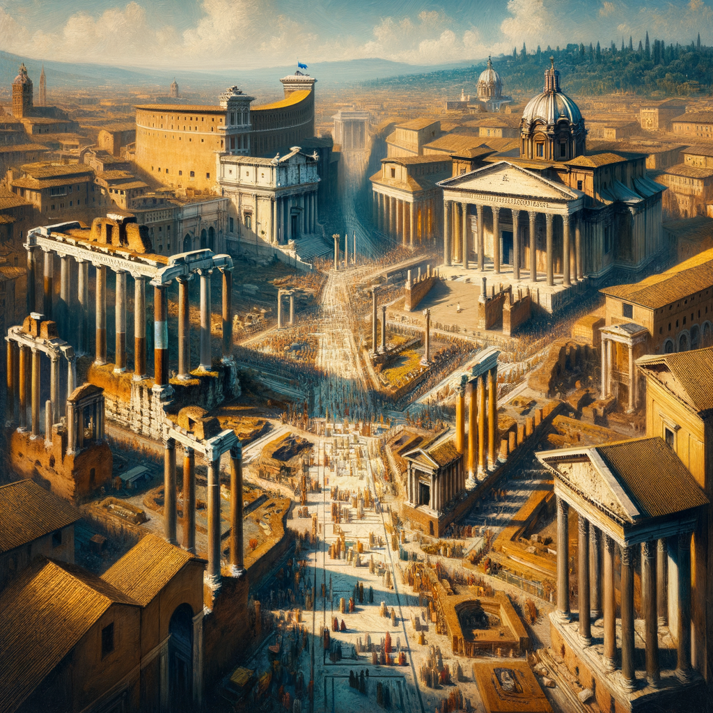 Aerial view of the Ancient Roman Forum with grand temples and open spaces, in a cinematic 1960s historical epic style.