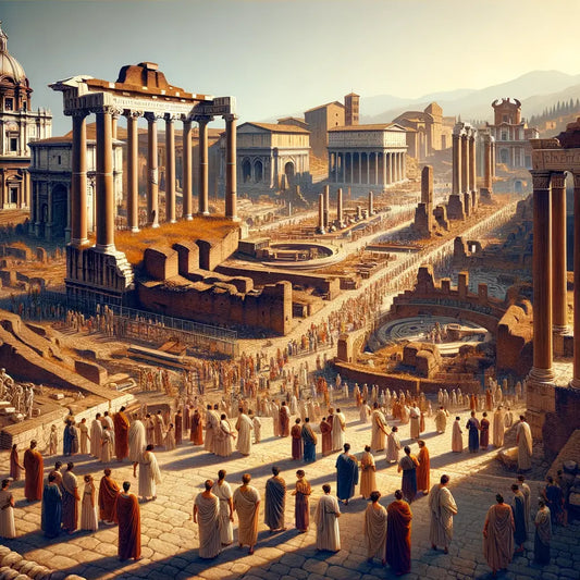 Aerial view of the ancient Roman Forum with grand ruins and structures, capturing the epicenter of Roman life in a 1960s historical film style.