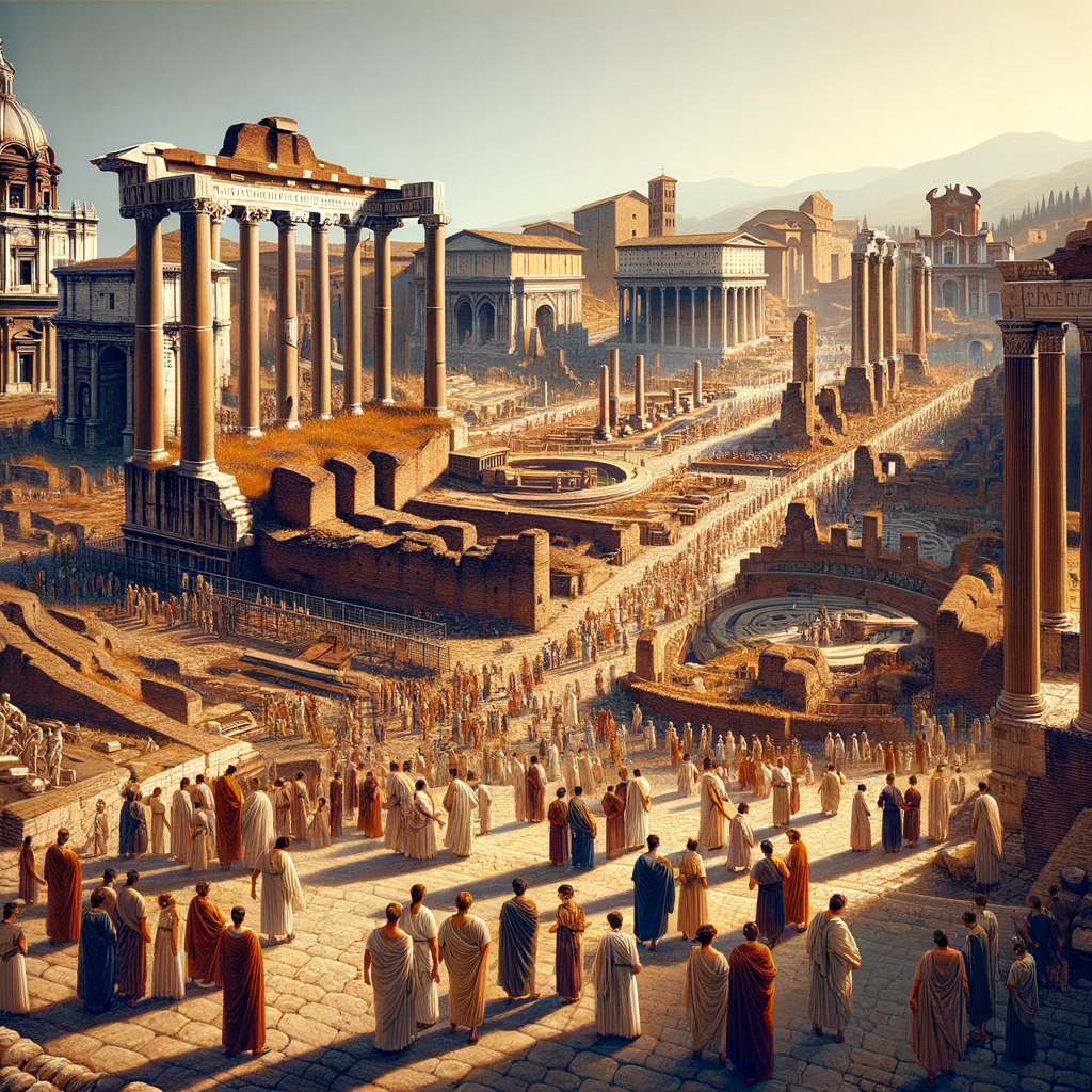 Aerial view of the ancient Roman Forum with grand ruins and structures, capturing the epicenter of Roman life in a 1960s historical film style.