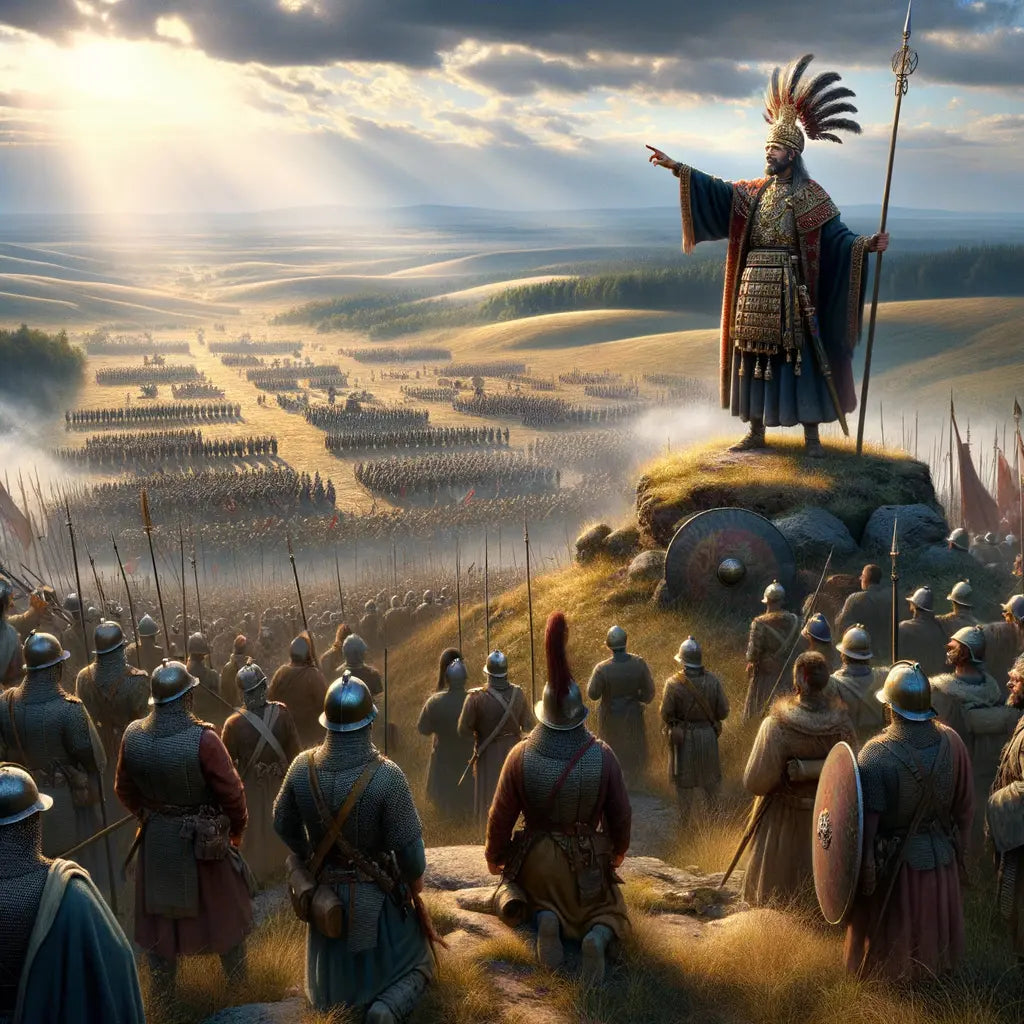 Julius Caesar leads Roman soldiers in strategic formations on a Gallic battlefield, depicted in a style reminiscent of 1960s historical film epics.