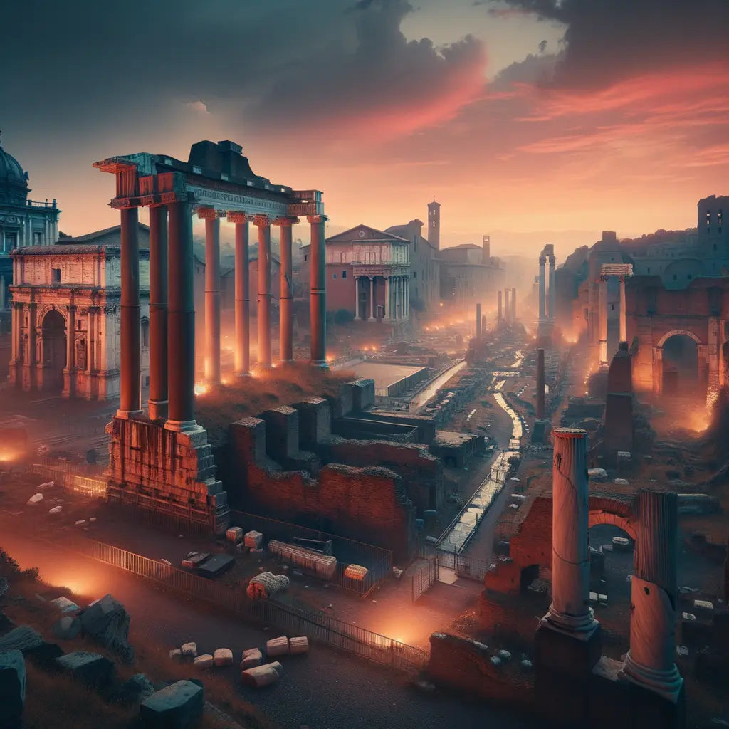 Panoramic view of Roman Forum ruins at twilight against a pink and orange sky, in the style of classic 1960s historical films.