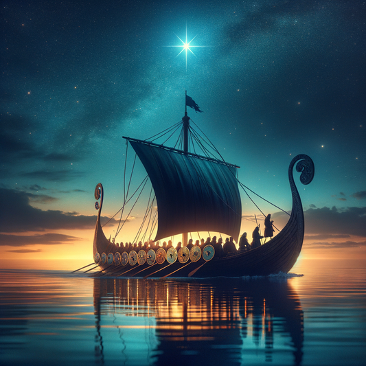Viking longship sailing under a starry night sky, guided by the North Star, embodying exploration and adventure.