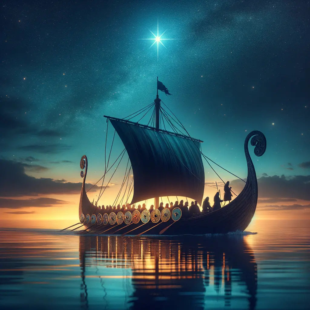 Viking longship sailing under a starry night sky, guided by the North Star, embodying exploration and adventure.
