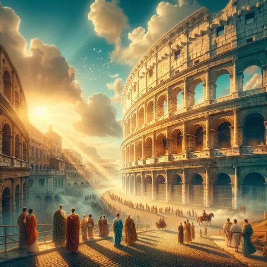 Majestic sunrise over the ancient Colosseum with Roman citizens in togas, reminiscent of 1960s historical epic films.