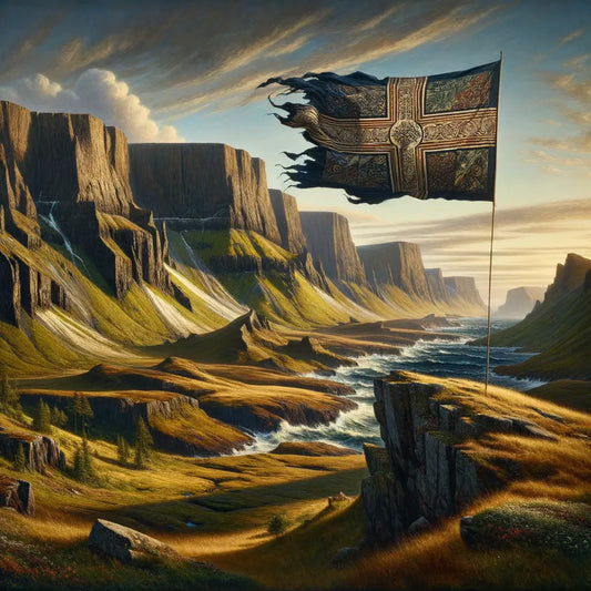 The Shetland flag waving on a cliff with the Shetland Islands' landscape under a blue sky, emphasizing its historical ties with Scotland and Scandinavia.