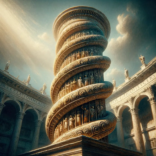 Cinematic painting of the Marcus Aurelius Column with detailed spirals depicting Roman military campaigns and stoic philosophy, set against the grandeur of the Roman Forum in warm daylight.