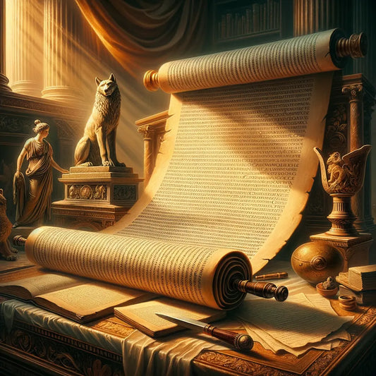 Ancient scroll with Book of Romans text, featuring Capitoline Wolf and lyre in background, styled as a 1960s epic painting.