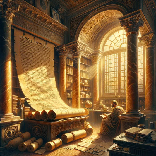 An ancient parchment scroll with Roman text, set in a Roman scholar's study with warm lighting, capturing the essence of timeless wisdom and Seneca's moral teachings.