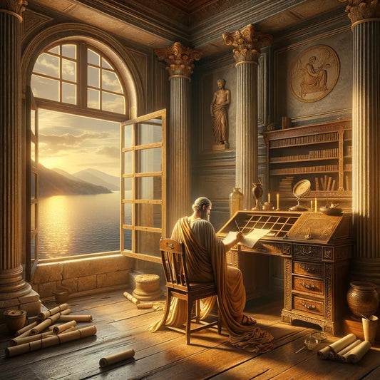 An ancient Roman philosopher, surrounded by scrolls, writes while overlooking a serene sea, inspired by classic 1960s historical epics.