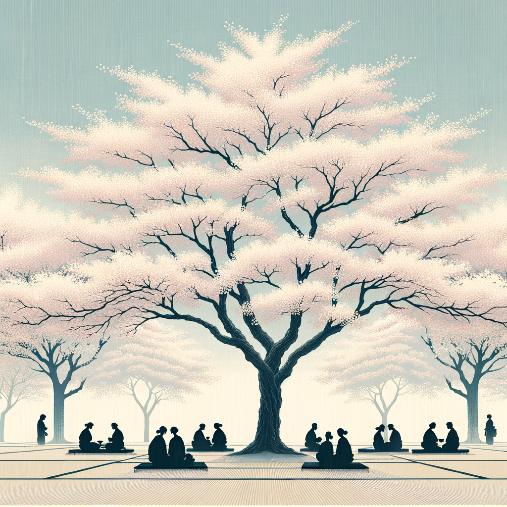 Minimalistische Darstellung der Hanami-Feier mit Kirschbäumen in voller Blüte, umgeben von Familien und Freunden, die eine stille Freude teilen.