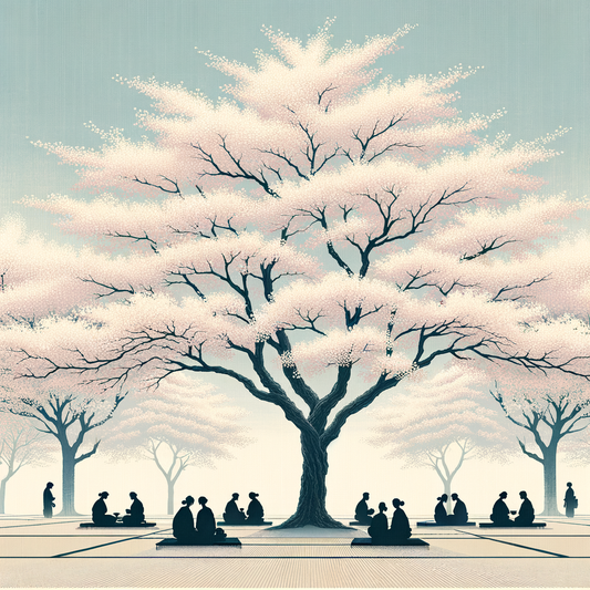 Minimalistische Darstellung der Hanami-Feier mit Kirschbäumen in voller Blüte, umgeben von Familien und Freunden, die eine stille Freude teilen.