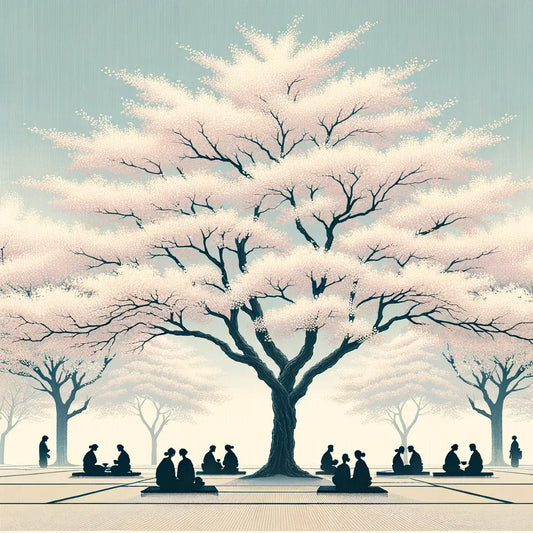 Minimalistische Darstellung der Hanami-Feier mit Kirschbäumen in voller Blüte, umgeben von Familien und Freunden, die eine stille Freude teilen.