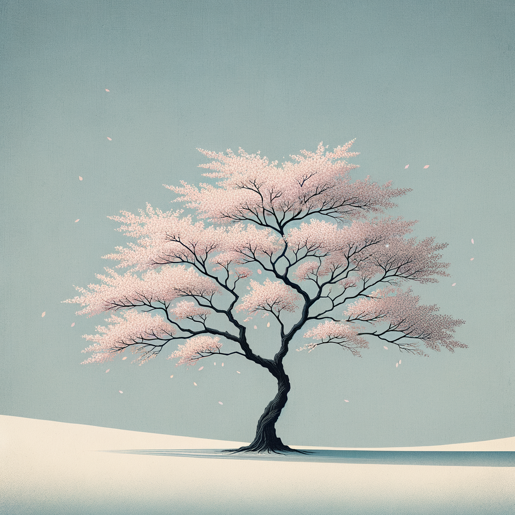 Ein Kirschblütenbaum in voller Blüte mit zart fallenden rosa Blütenblättern vor einem klaren blauen Himmel - minimalistisch und ruhig.