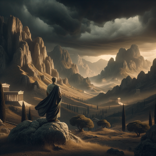 A Roman philosopher stands against a backdrop of towering mountains and stormy skies, symbolizing Stoic resilience and peace, in the style of 1960s historical films.