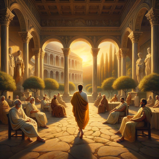 A serene Roman garden scene symbolizing peace and clarity, inspired by Epictetus, featuring philosophers in a lush villa courtyard.