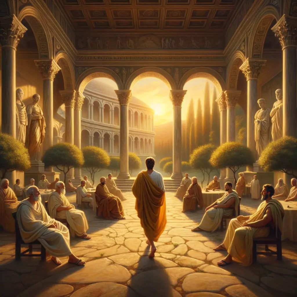 A serene Roman garden scene symbolizing peace and clarity, inspired by Epictetus, featuring philosophers in a lush villa courtyard.