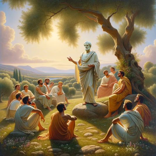 Epictetus teaching a group of listeners in a tranquil ancient Greek setting, with natural surroundings, embodying Stoic philosophy.