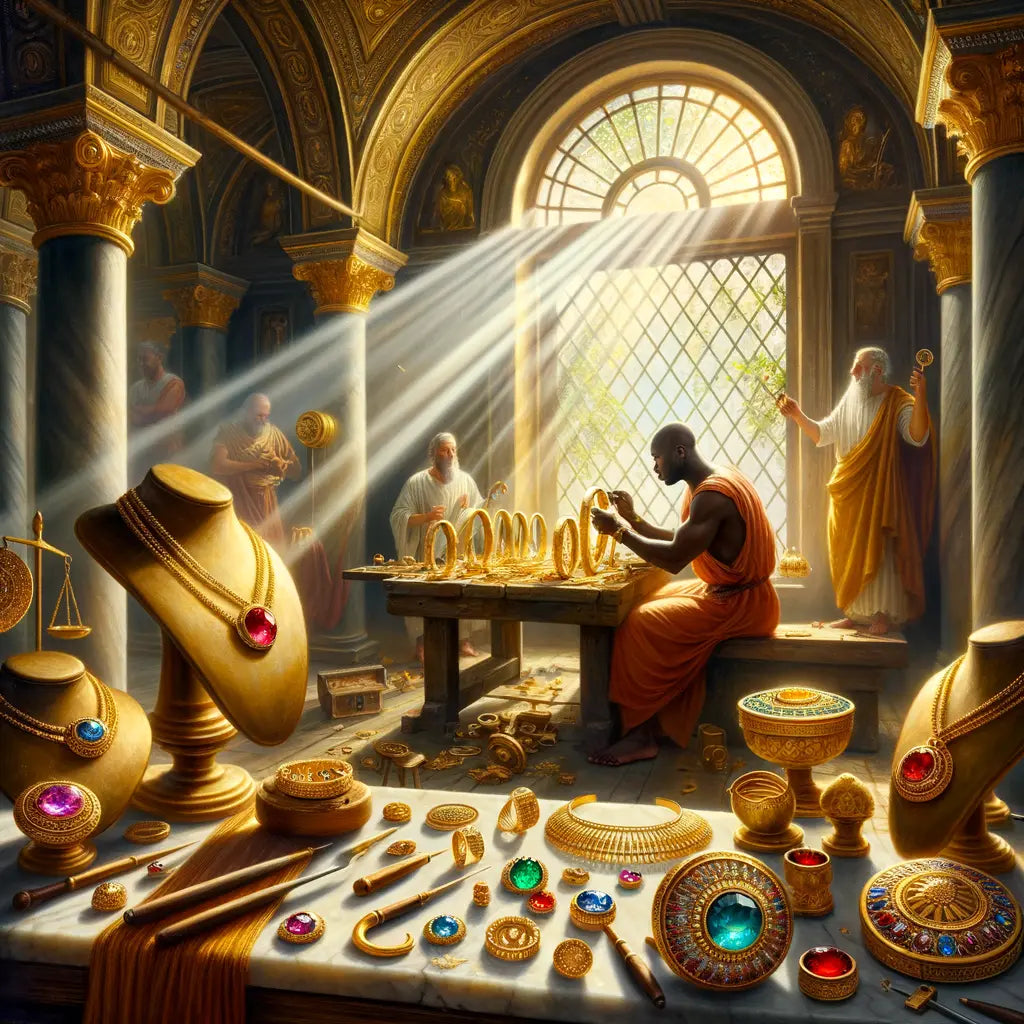 Exquisite first-century Roman jewelry displayed in a luxurious setting, with a craftsman working on a golden torque, evoking the grandeur of the Roman Empire.