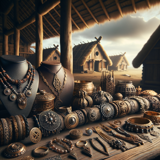 An artistic representation of Viking jewelry with historic elements displayed in a traditional Viking setting.