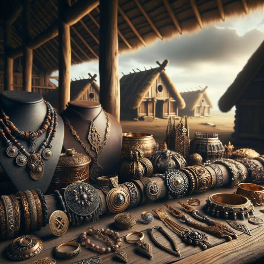 An artistic representation of Viking jewelry with historic elements displayed in a traditional Viking setting.
