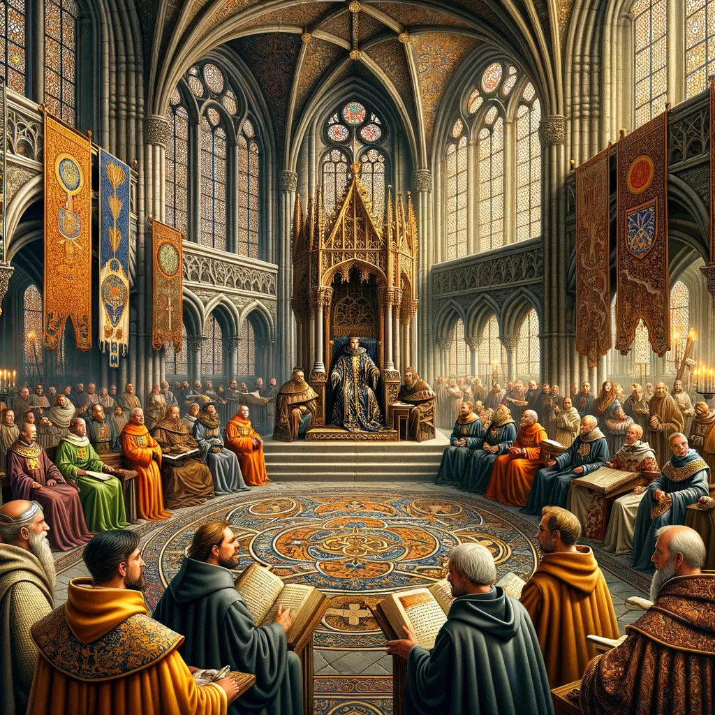 Ninth-century Frankish court scene featuring Charles the Bald, surrounded by scholars and nobles in a grand Gothic hall, reminiscent of 1960s epic film style.
