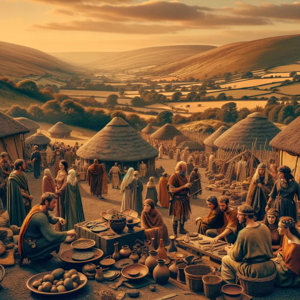 A depiction of ancient Gaul in a 1960s historical epic style, featuring rolling hills, Celtic settlements, and Gauls in traditional clothing engaged in trade.