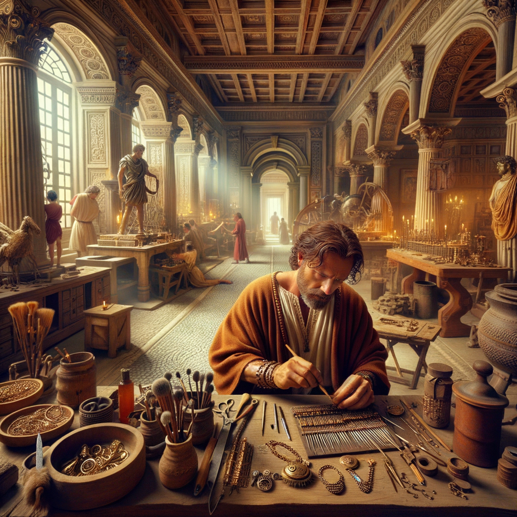 Roman artisan crafting Viking-inspired jewelry in a cinematic, historical style with warm light emphasizing detailed craftsmanship.