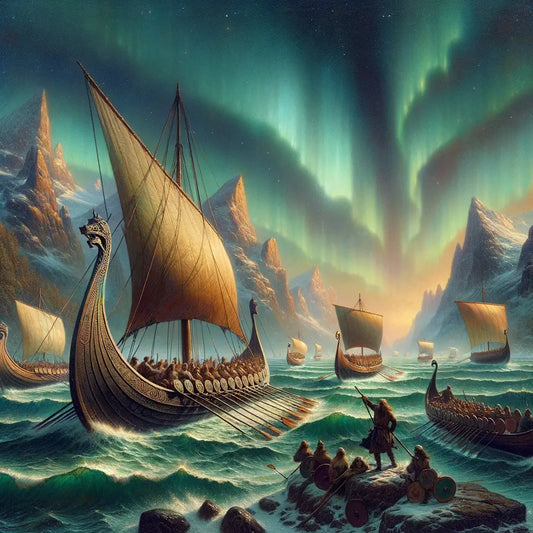 Viking longships illuminated by the Northern Lights, showcasing Norse maritime heritage in a cinematic 1960s epic style.