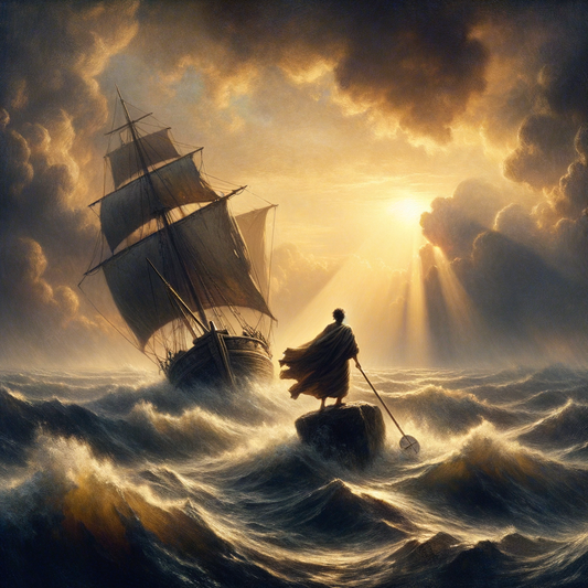 Silhouette of a navigator with a compass on a stormy sea, symbolizing Stoic guidance, in epic 1960s film style.